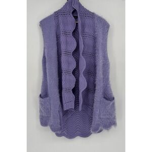 Boho Cozy Eyelash Knit Sleeveless‎ Cardigan Vest Open Front Purple Women's Small